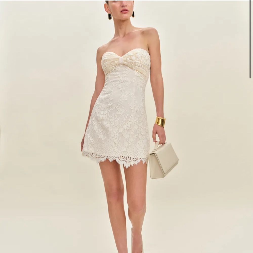 Reformation Elegant Cream Lace Strapless Dress